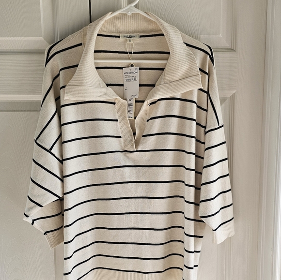 NWT Max Studio Stripe Crop Sweater Collar Lightweight Soft Yarns Cream 1X & 2X - Picture 1 of 14